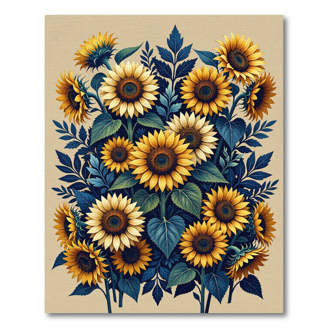Golden Sunflower Bouquet on Navy Foliage Rug
