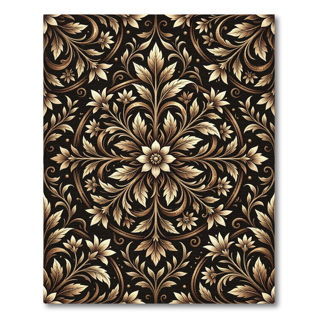 Ornate Gold Floral Scrolling Black Rug