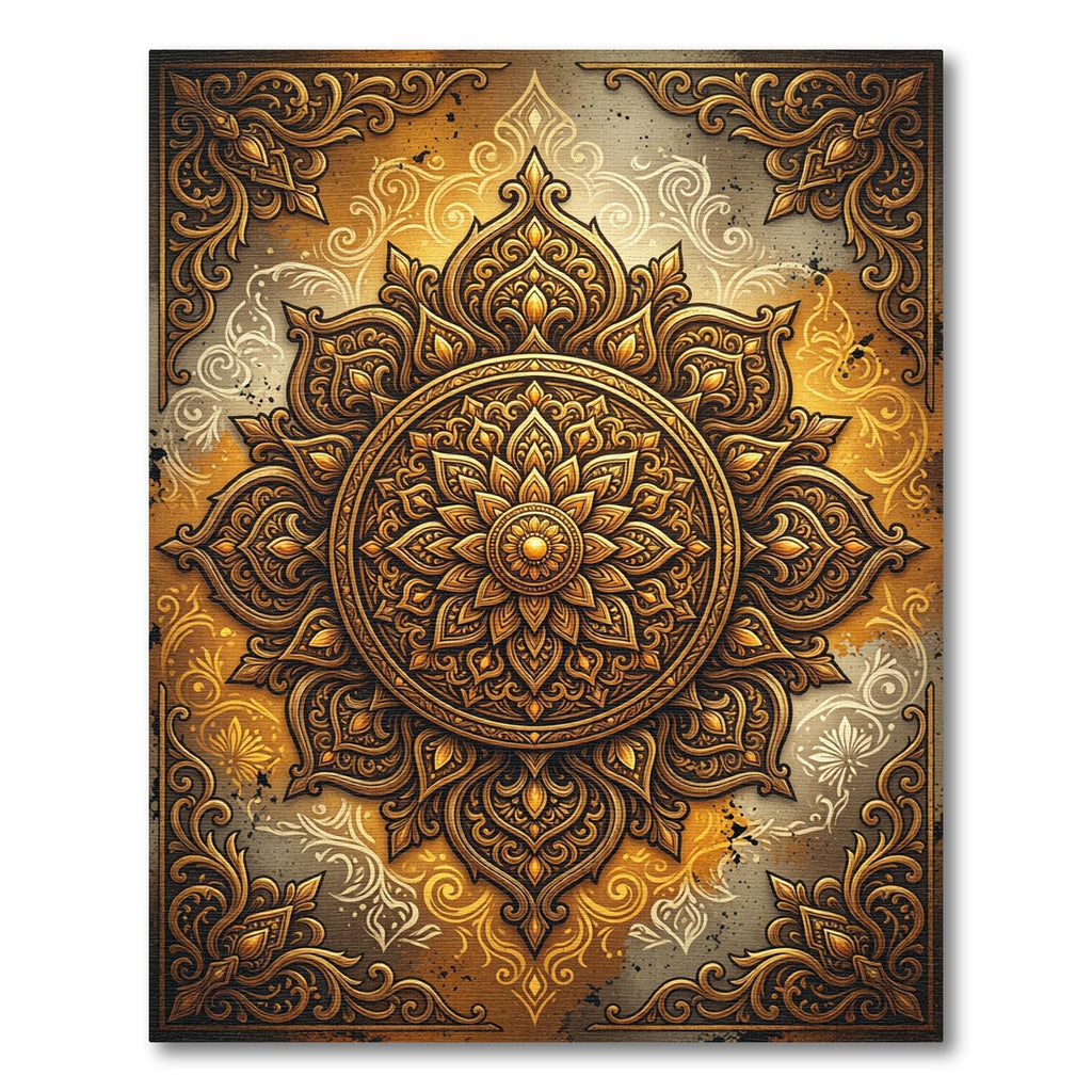 Ornate Golden Floral Mandala Art Rug