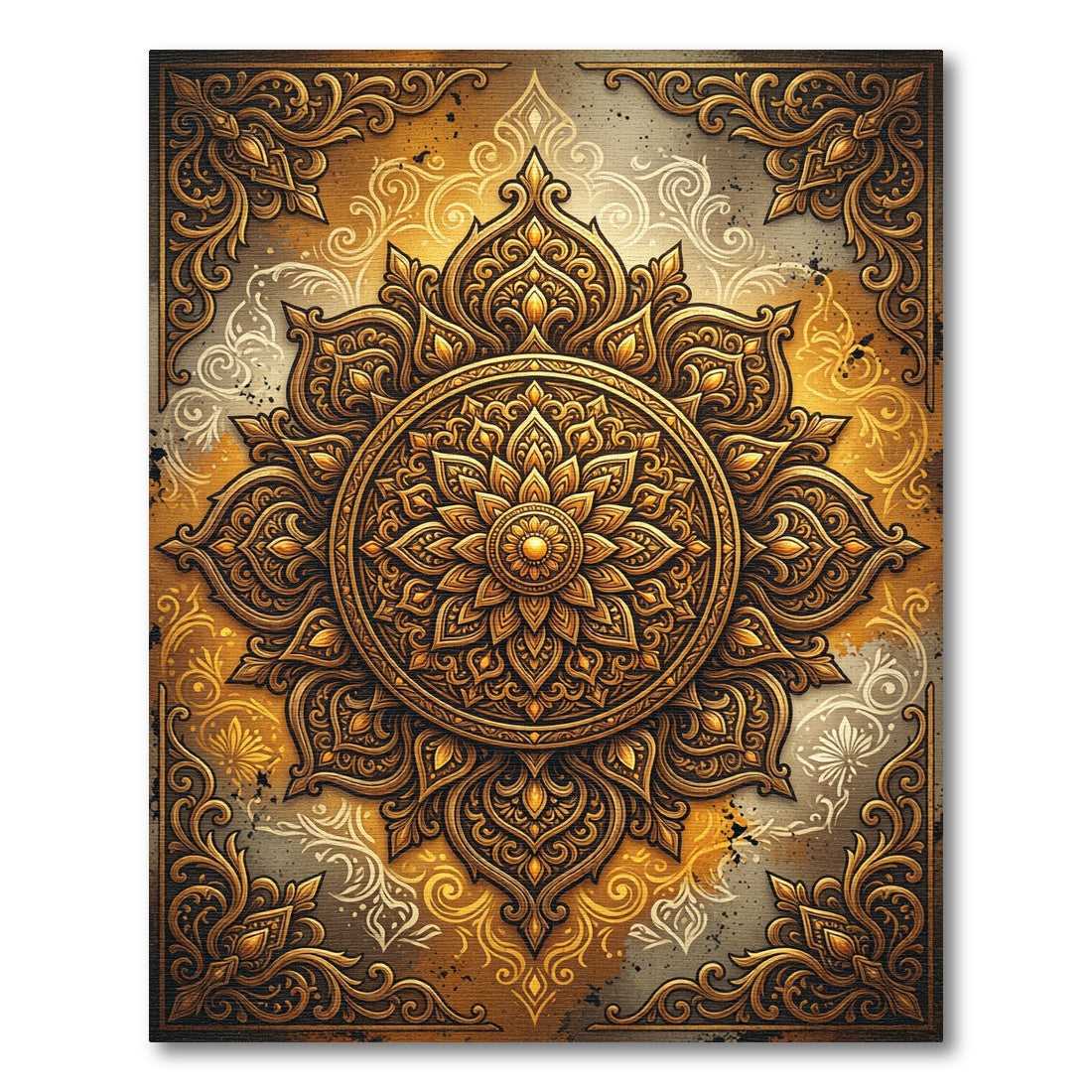Ornate Golden Floral Mandala Art Rug