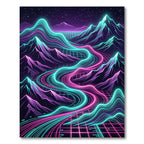 Neon Synthwave Mountain Landscape Electric Grid Rug