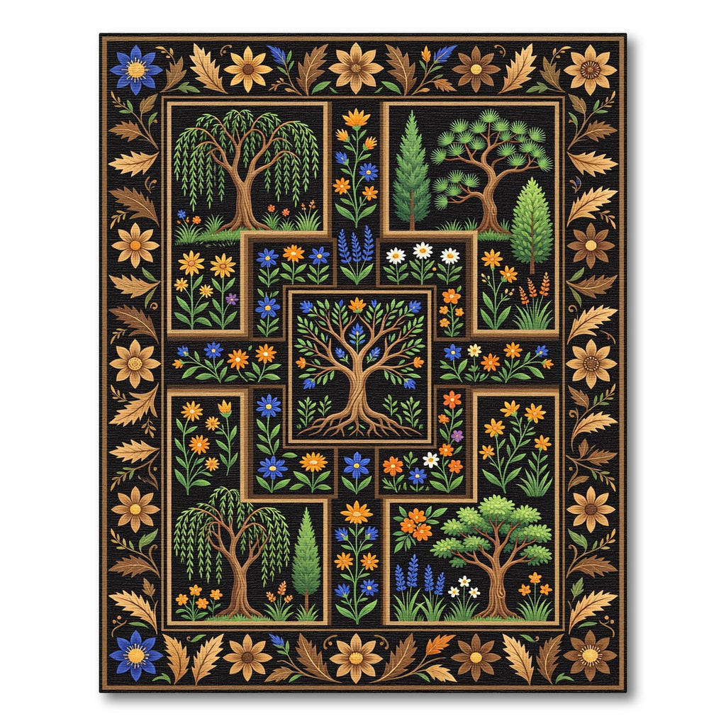 Botanical Black Tile Garden Ornament Rug