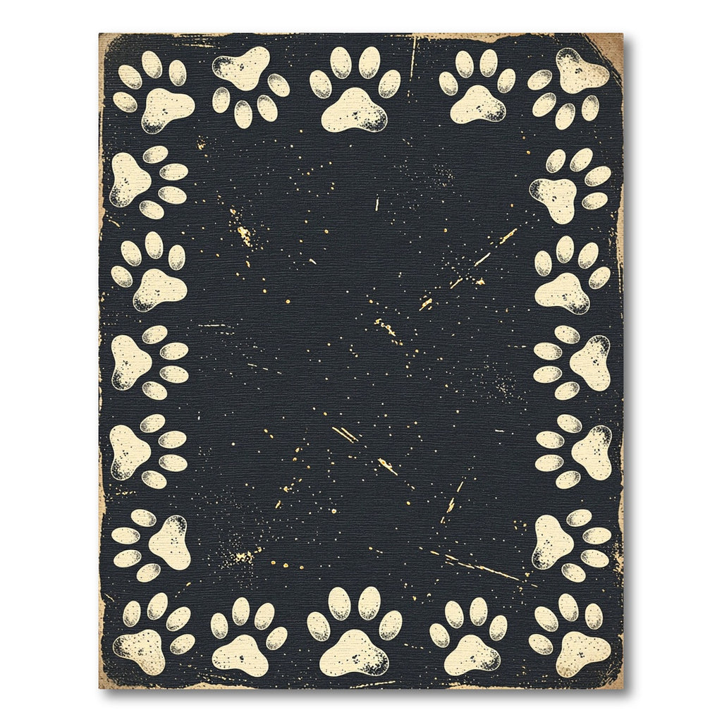 Distressed Black Paw Print Border Rug