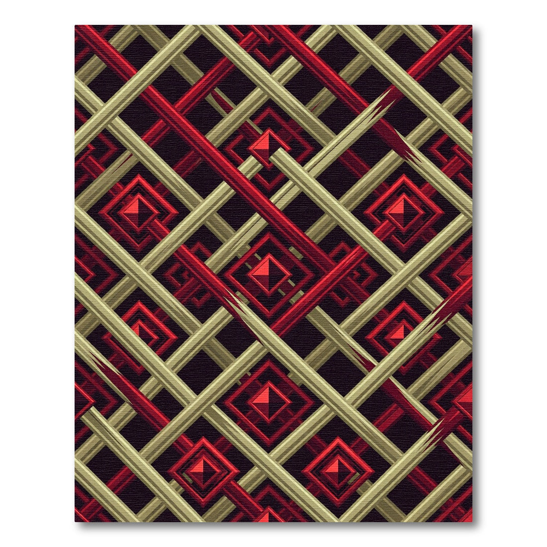 Modern Red and Gold Geometric Lattice Rug