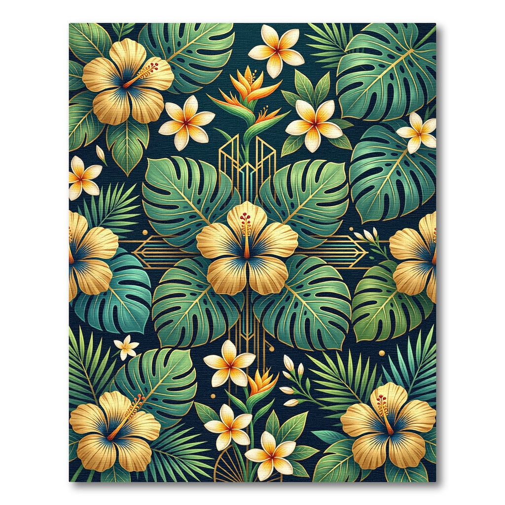 Golden Tropical Hibiscus Monstera Leaf Rug