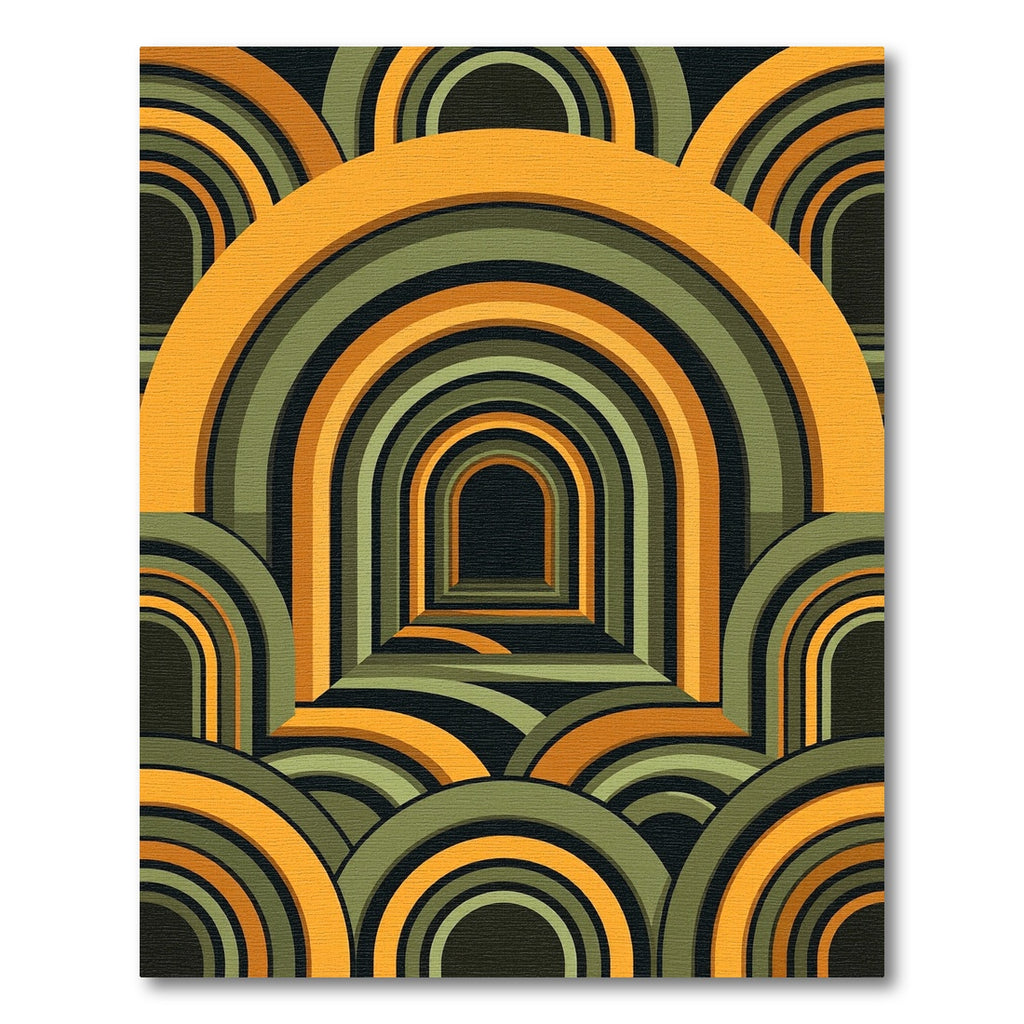 Mid-Century Ochre and Olive Arched Illusion Rug