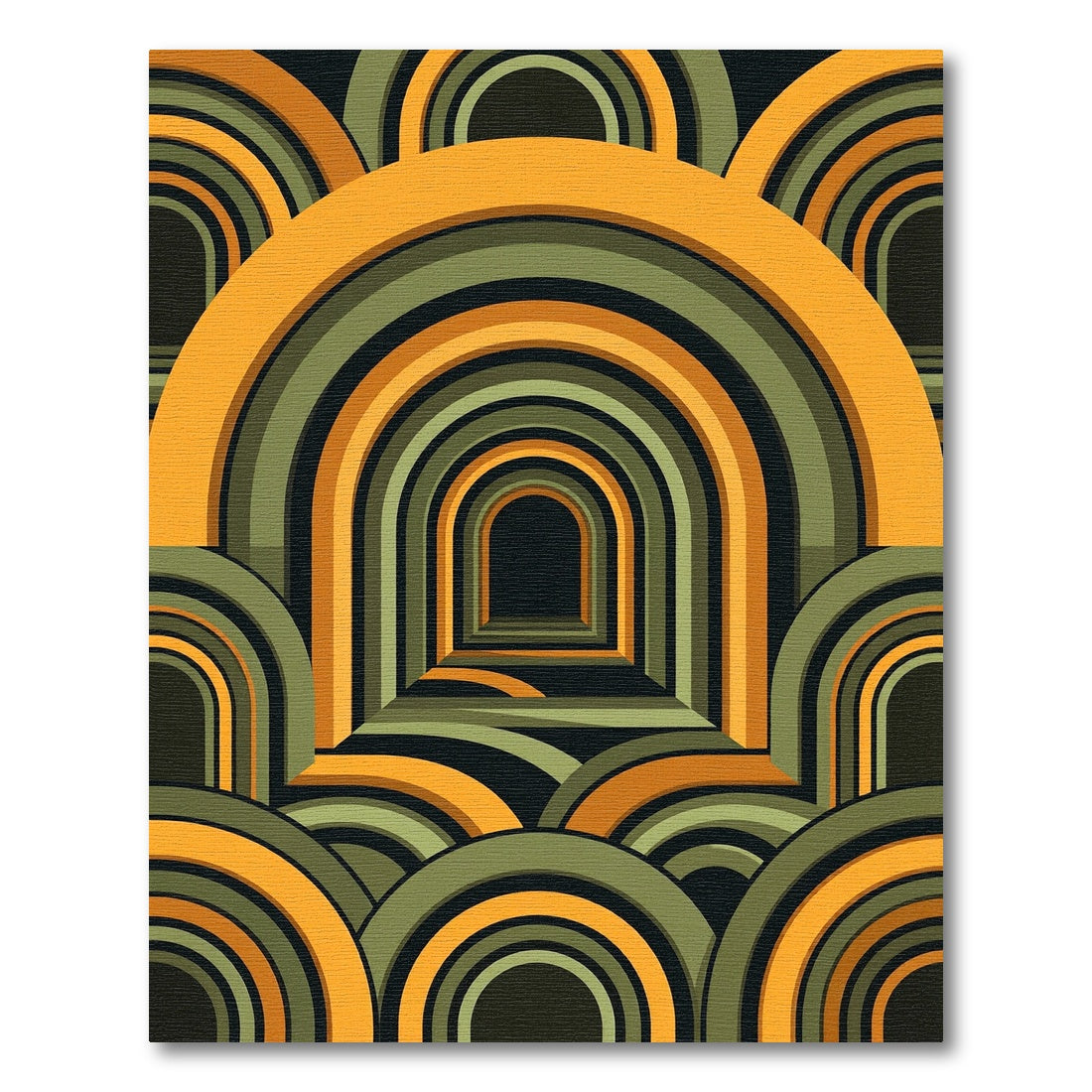 Mid-Century Ochre and Olive Arched Illusion Rug