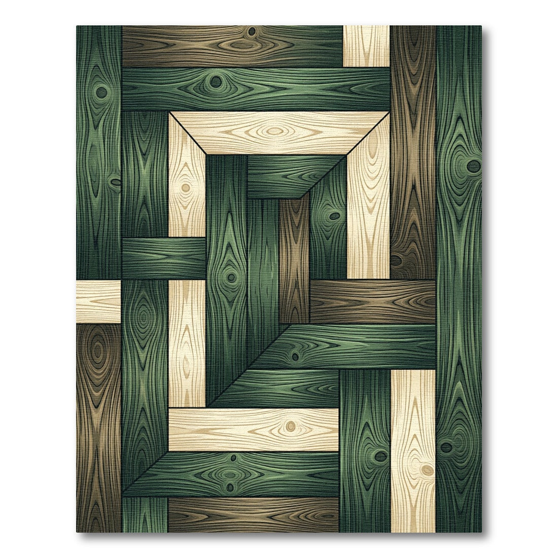 Geometric Forest Green Wood Plank Tile Rug