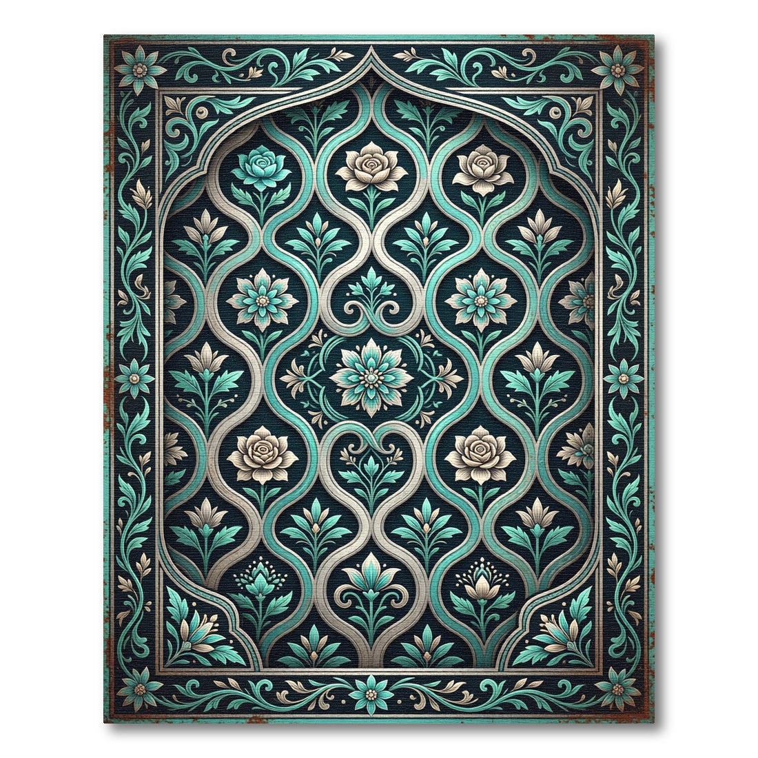 Ornate Teal White Floral Arch Rug