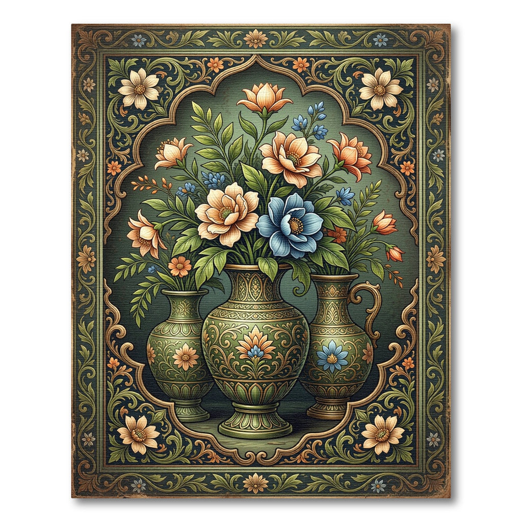 Vintage Floral Green Ornate Vase Art Rug