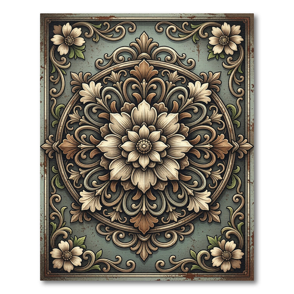 Victorian Sage Green Ornate Floral Medallion Rug