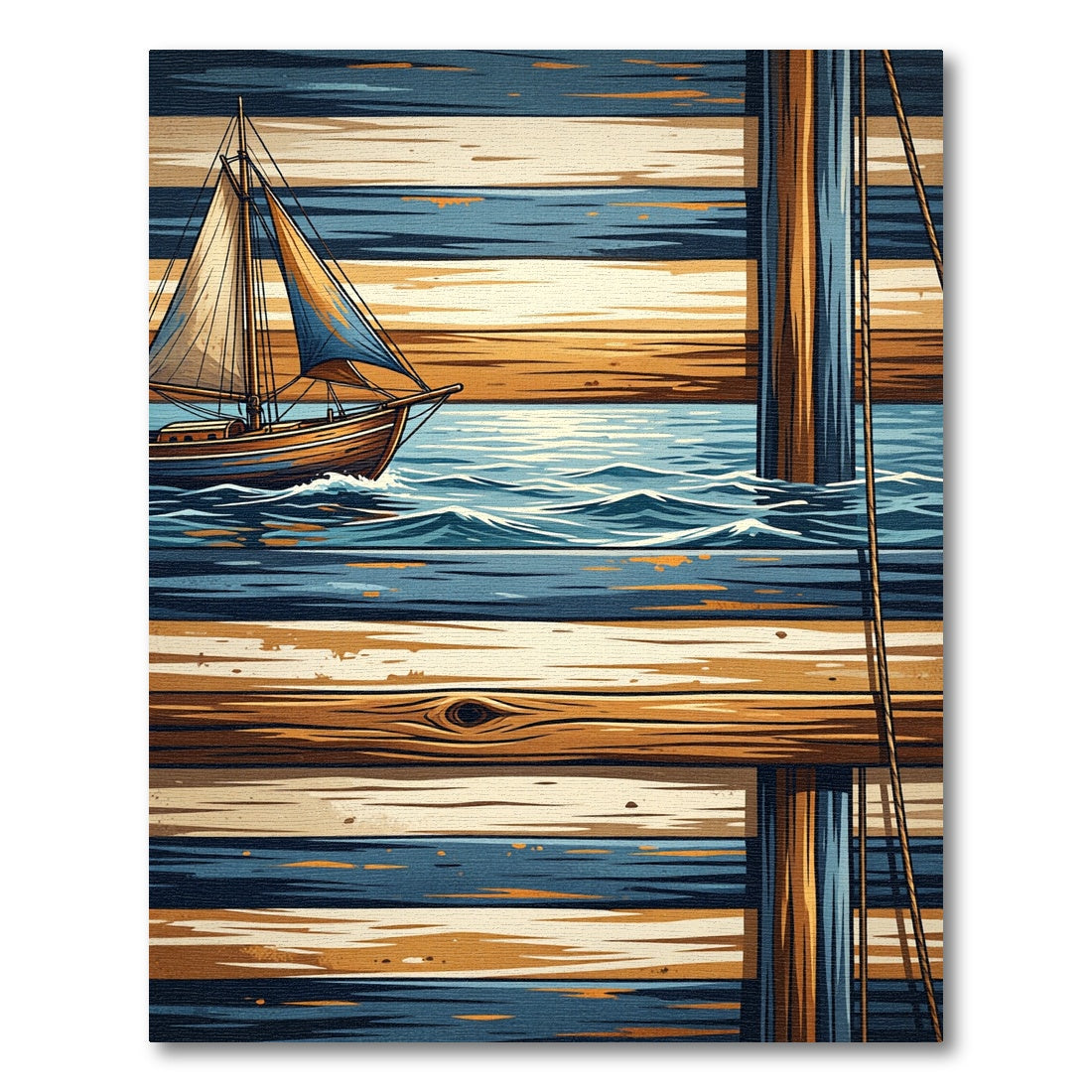 Nautical Sailboat Wood Grain Stripes Rug
