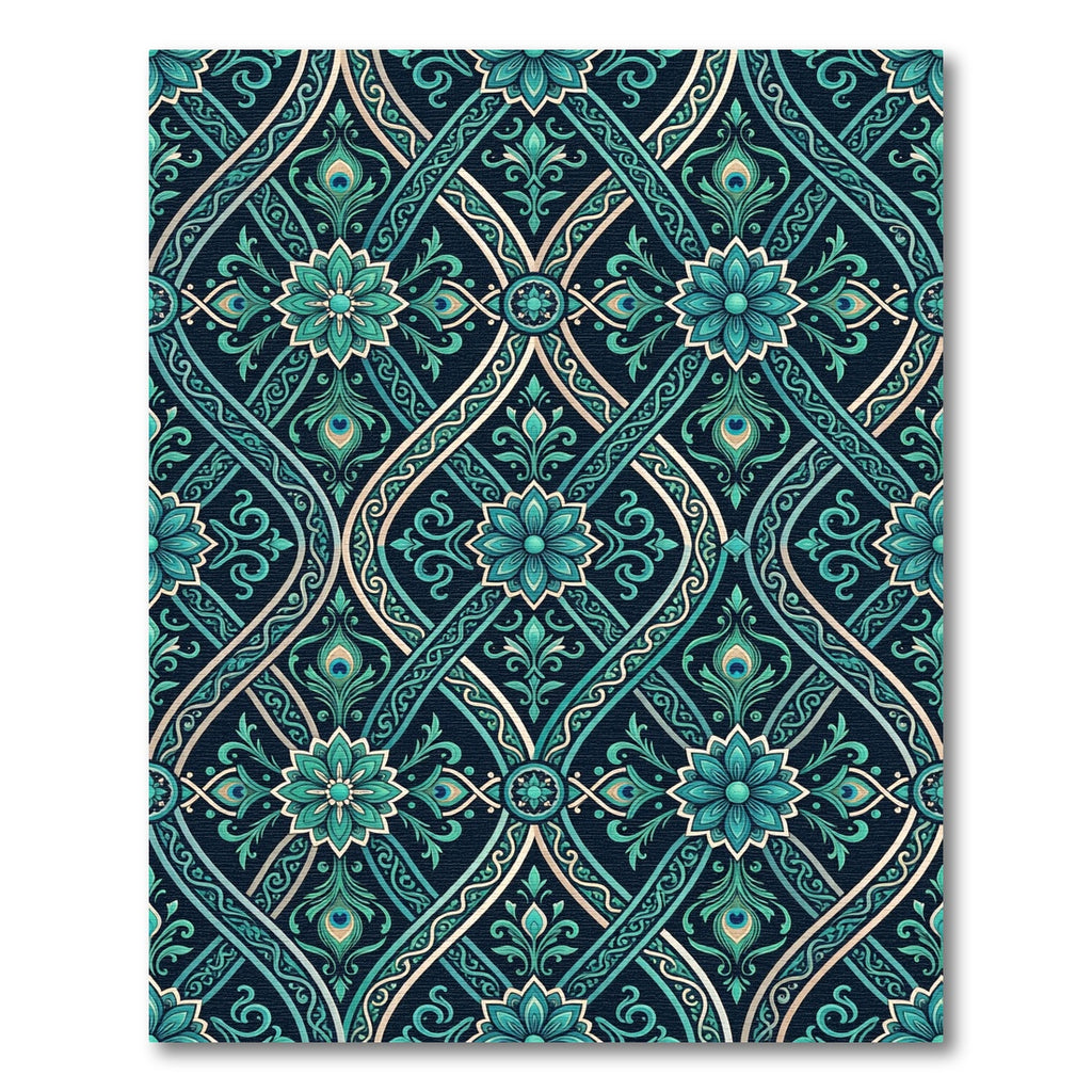 Teal Peacock Damask Floral Scroll Rug