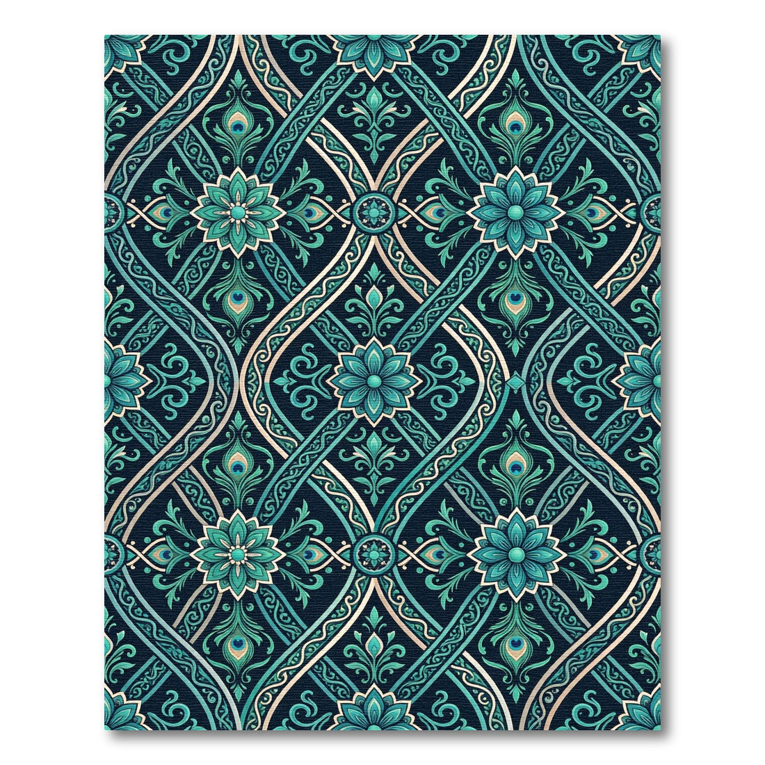 Teal Peacock Damask Floral Scroll Rug