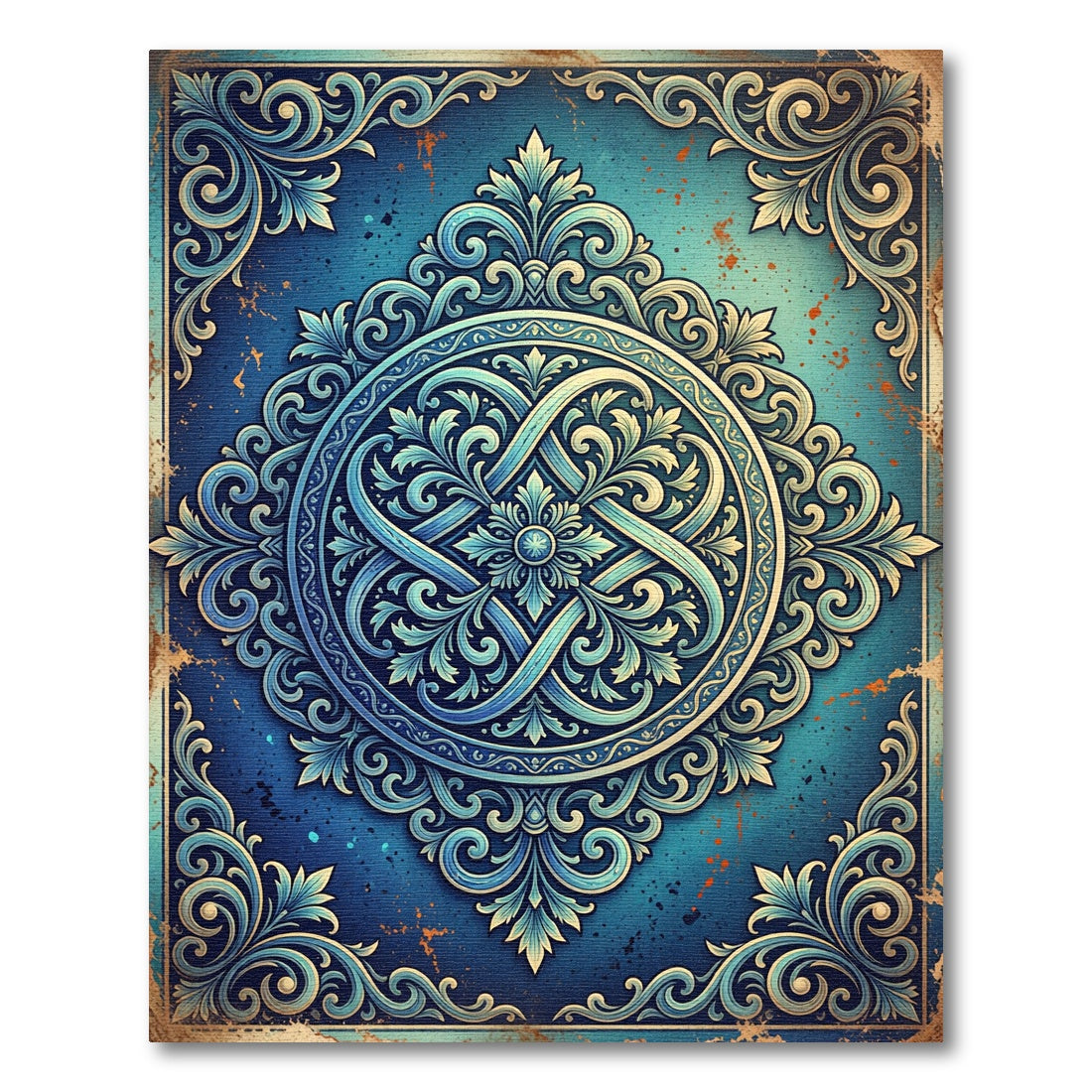 Ornate Blue Filigree Scroll Medallion Rug