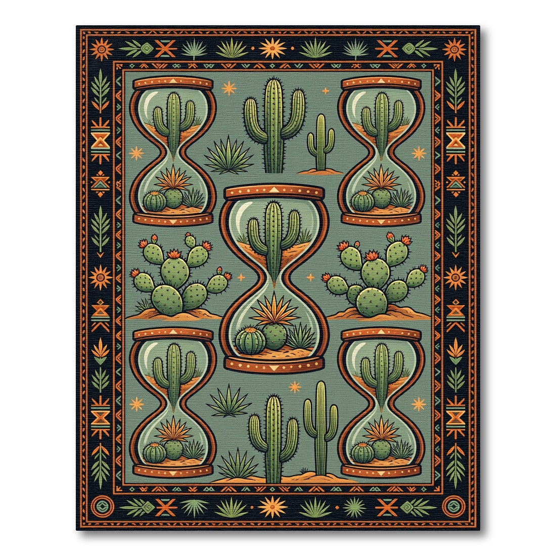 Sage Green Hourglass Cactus Desert Art Rug