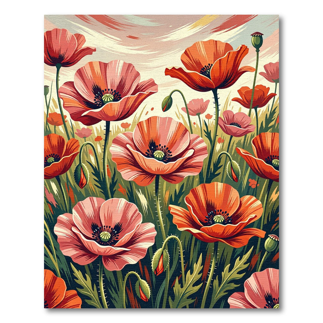 Vibrant Red Poppy Field Botanical Rug