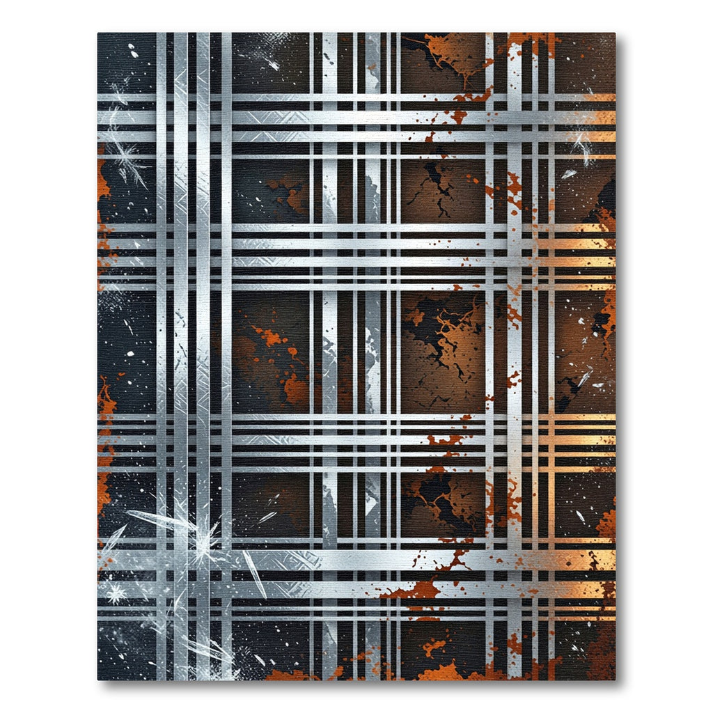 Industrial Metallic Grid with Rust Accents Rug