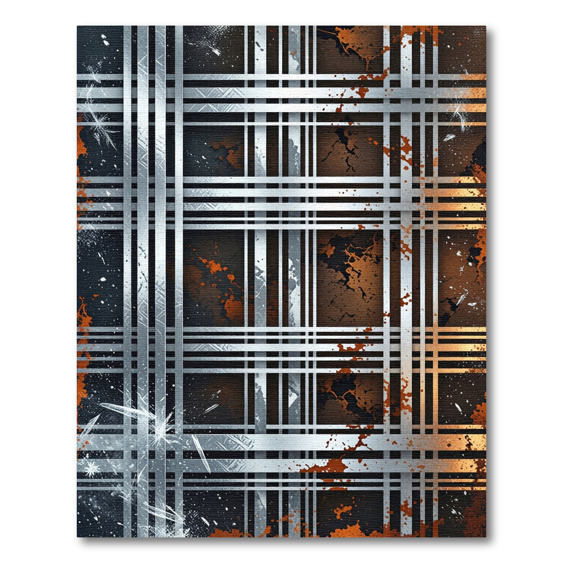 Industrial Metallic Grid with Rust Accents Rug