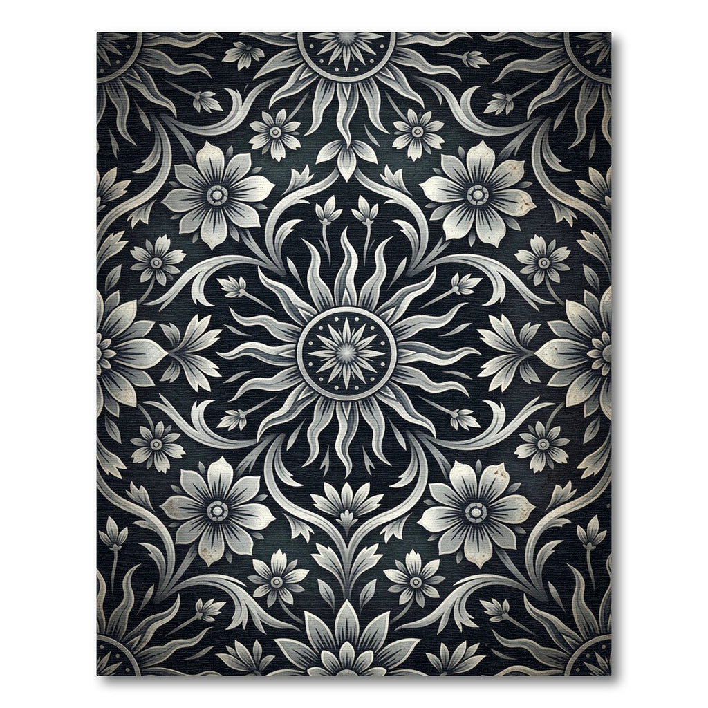 Monochrome Floral Sunburst Scroll Rug
