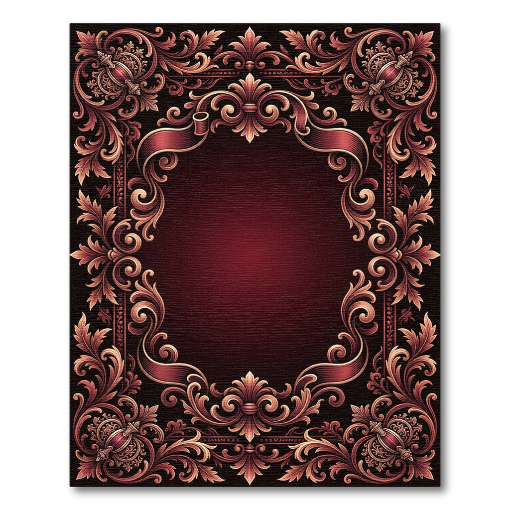 Rich Burgundy Baroque Scrollwork Frame Rug