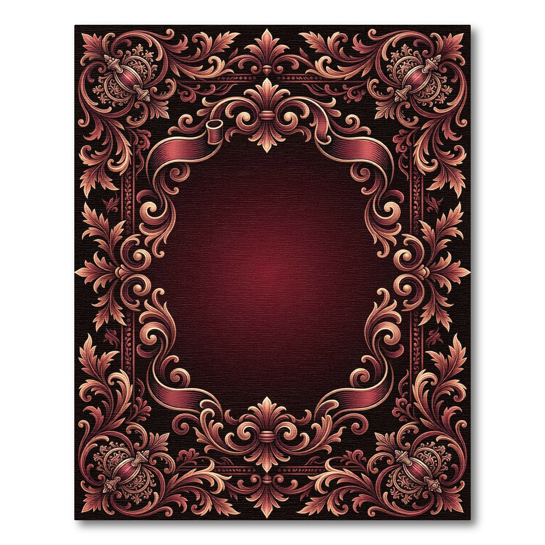 Rich Burgundy Baroque Scrollwork Frame Rug