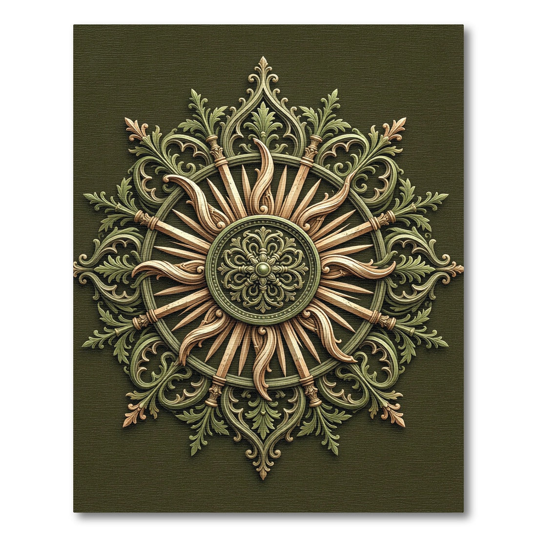 Ornate Olive Gold Sunburst Medallion Rug
