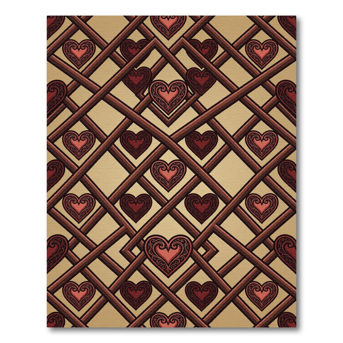 Red Heart Lattice Geometric Arrangement Rug