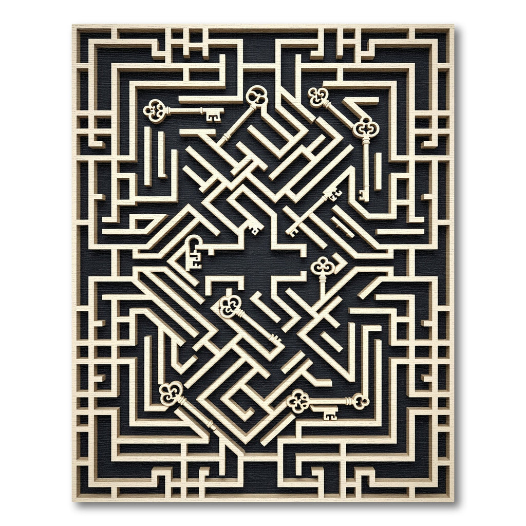 Geometric Gold Key Labyrinth Art Rug
