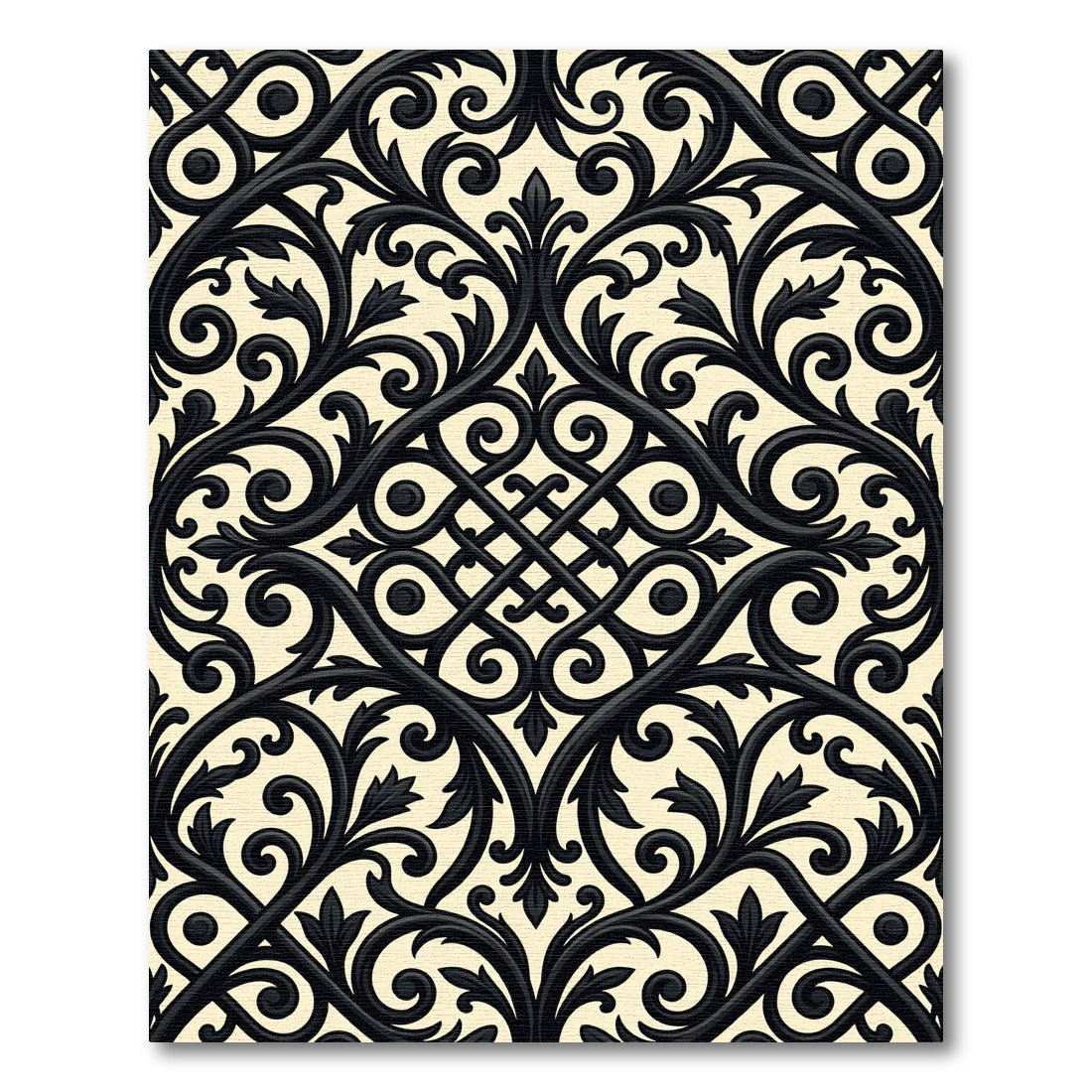 Elegant Black Damask Scroll Medallion Rug