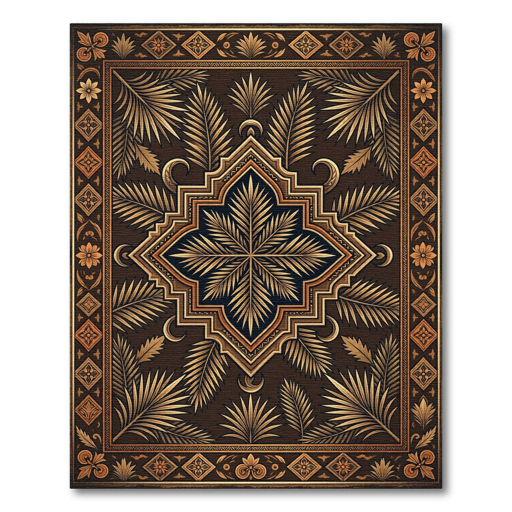 Golden Leafy Botanical Medallion Art Rug