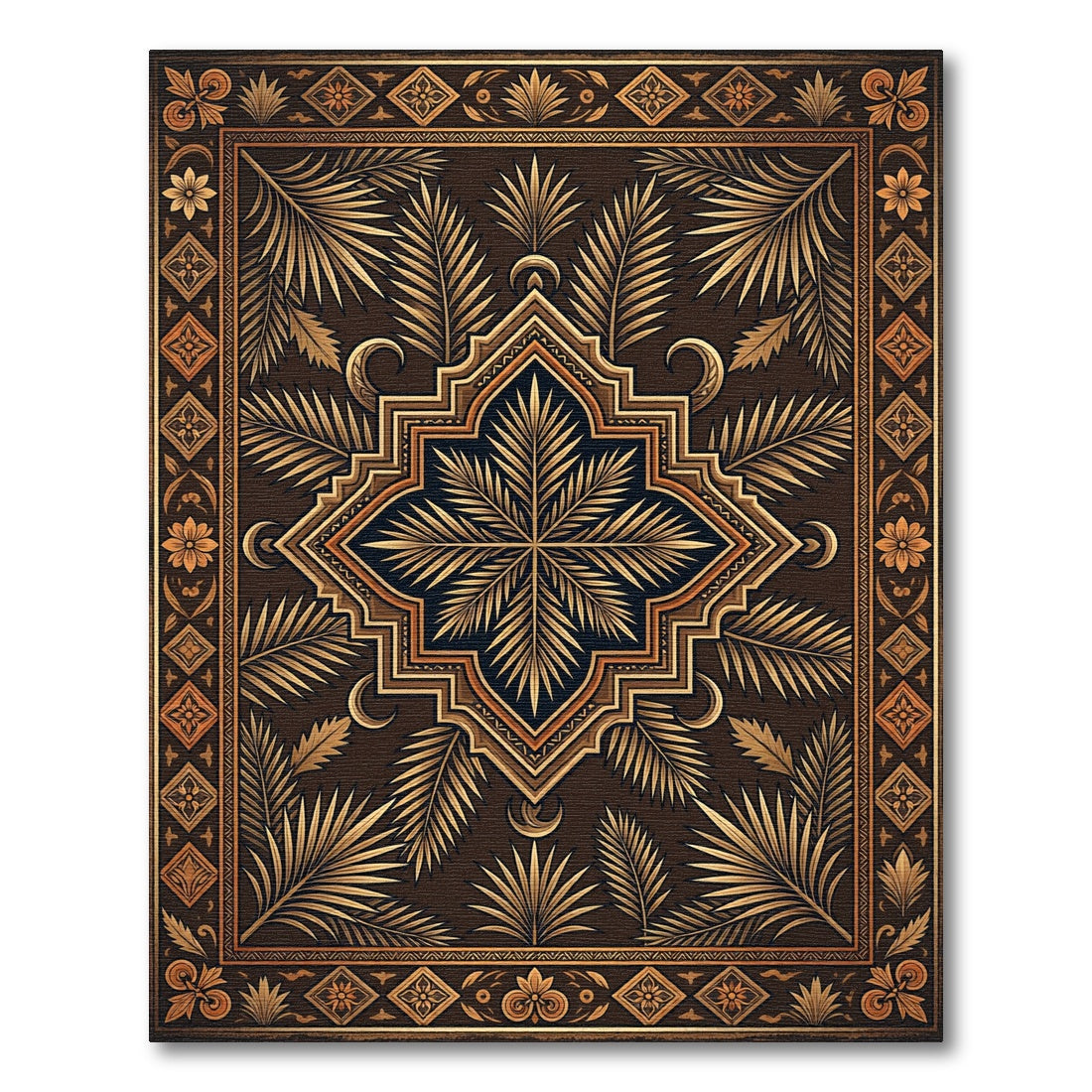 Golden Leafy Botanical Medallion Art Rug