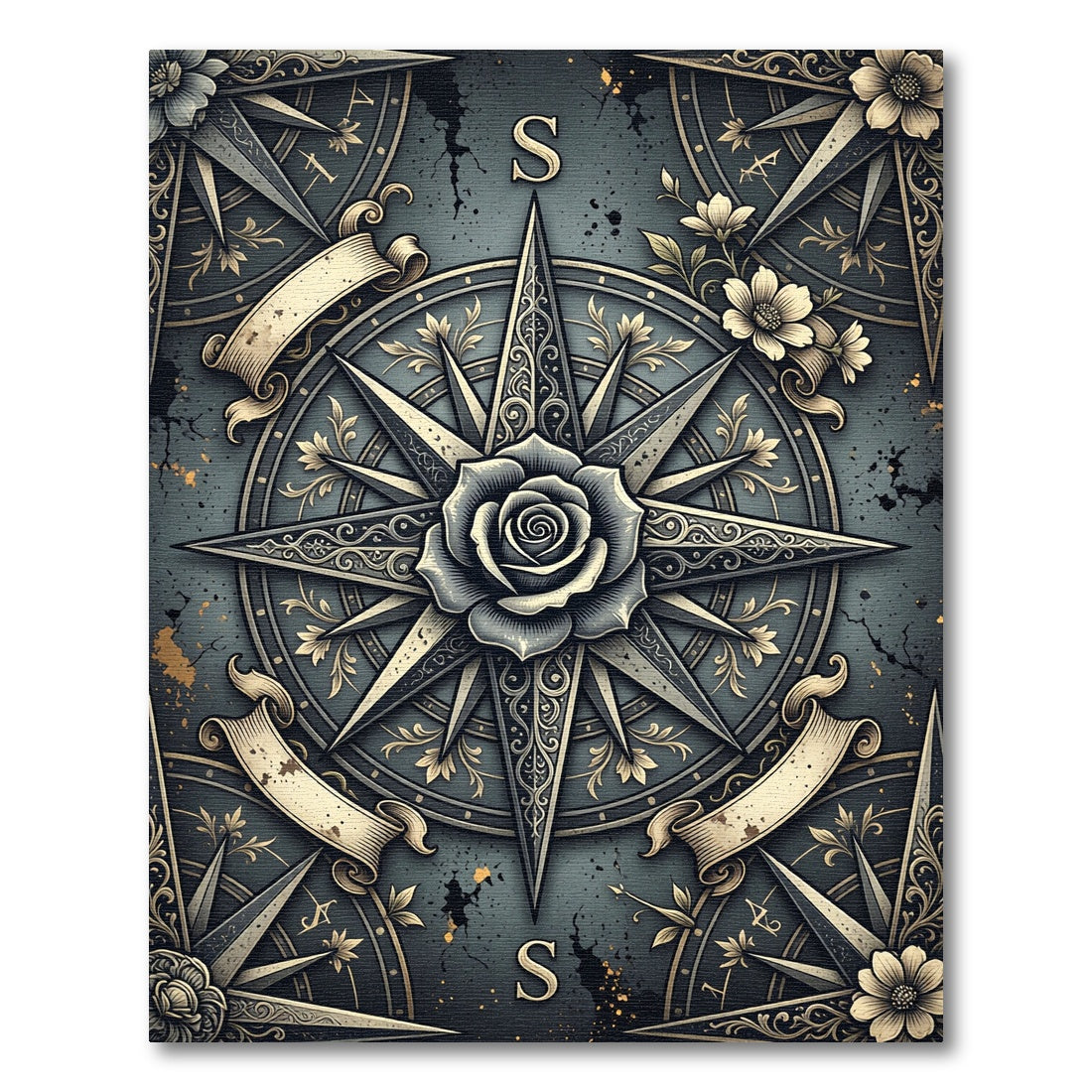Vintage Slate Floral Compass Rose Rug
