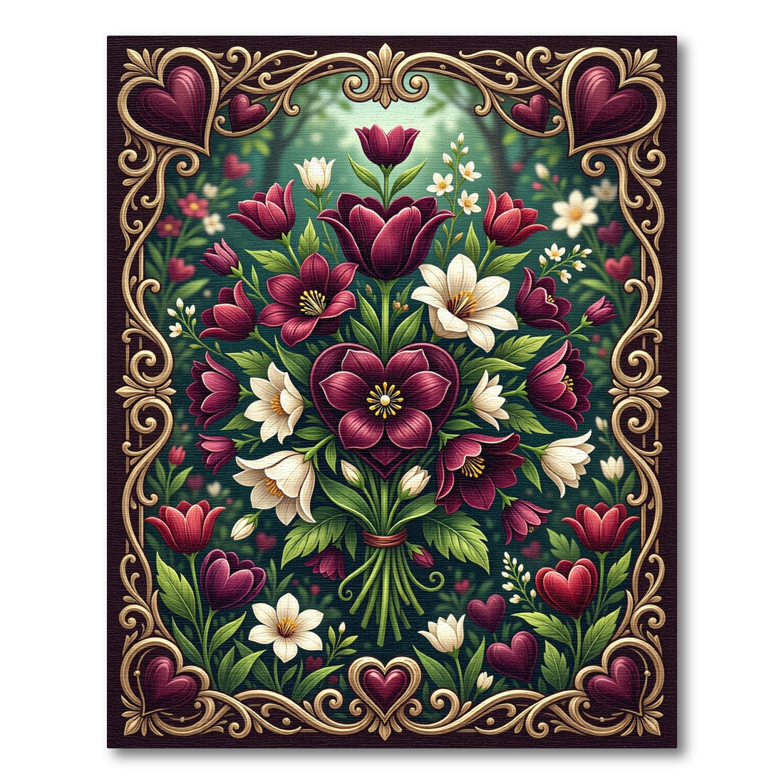 Deep Burgundy Floral Heart Garden Rug