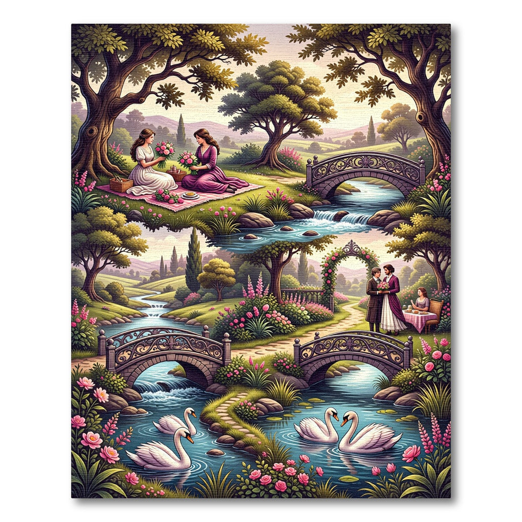 Romantic Garden Scene Swans Bicycles Rug