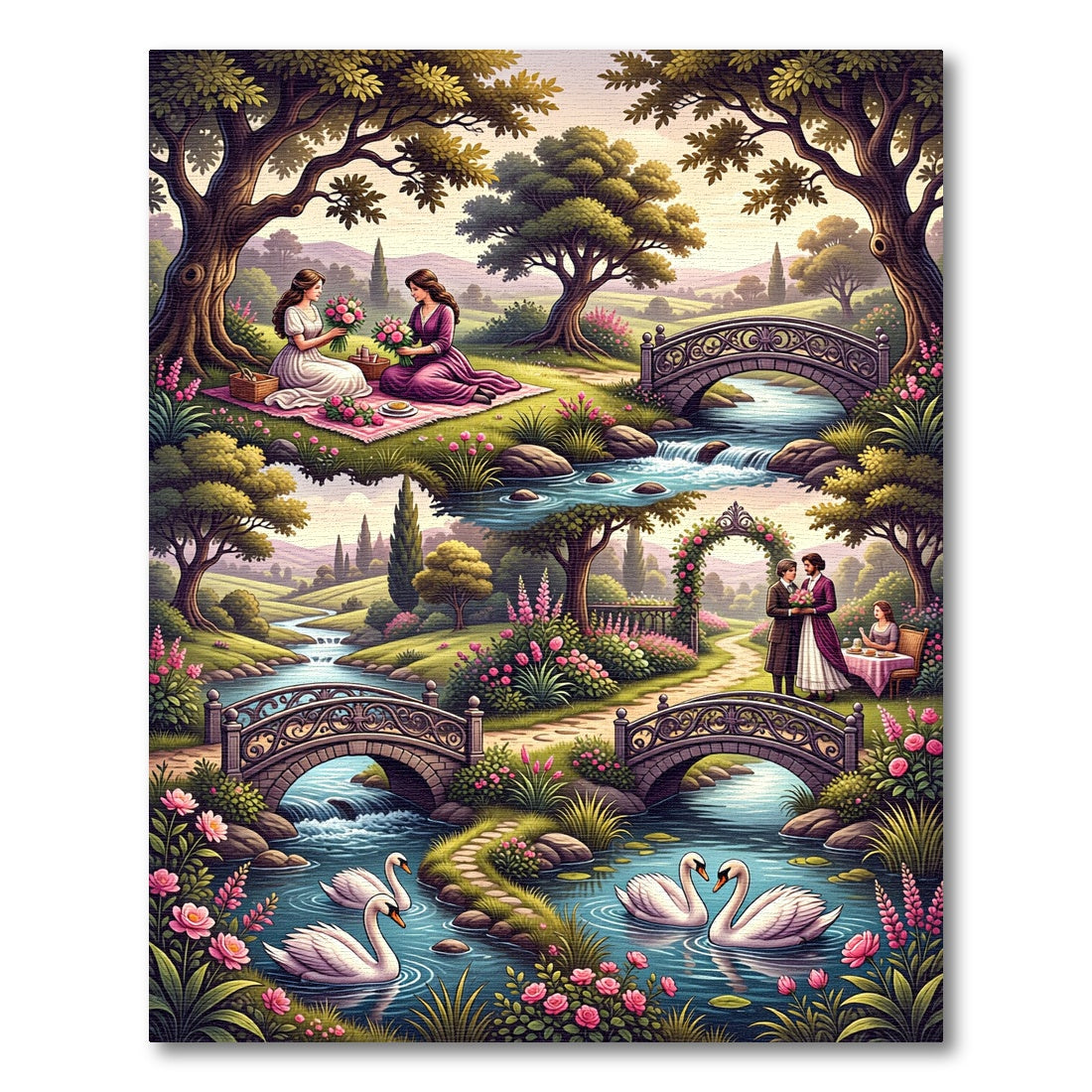 Romantic Garden Scene Swans Bicycles Rug