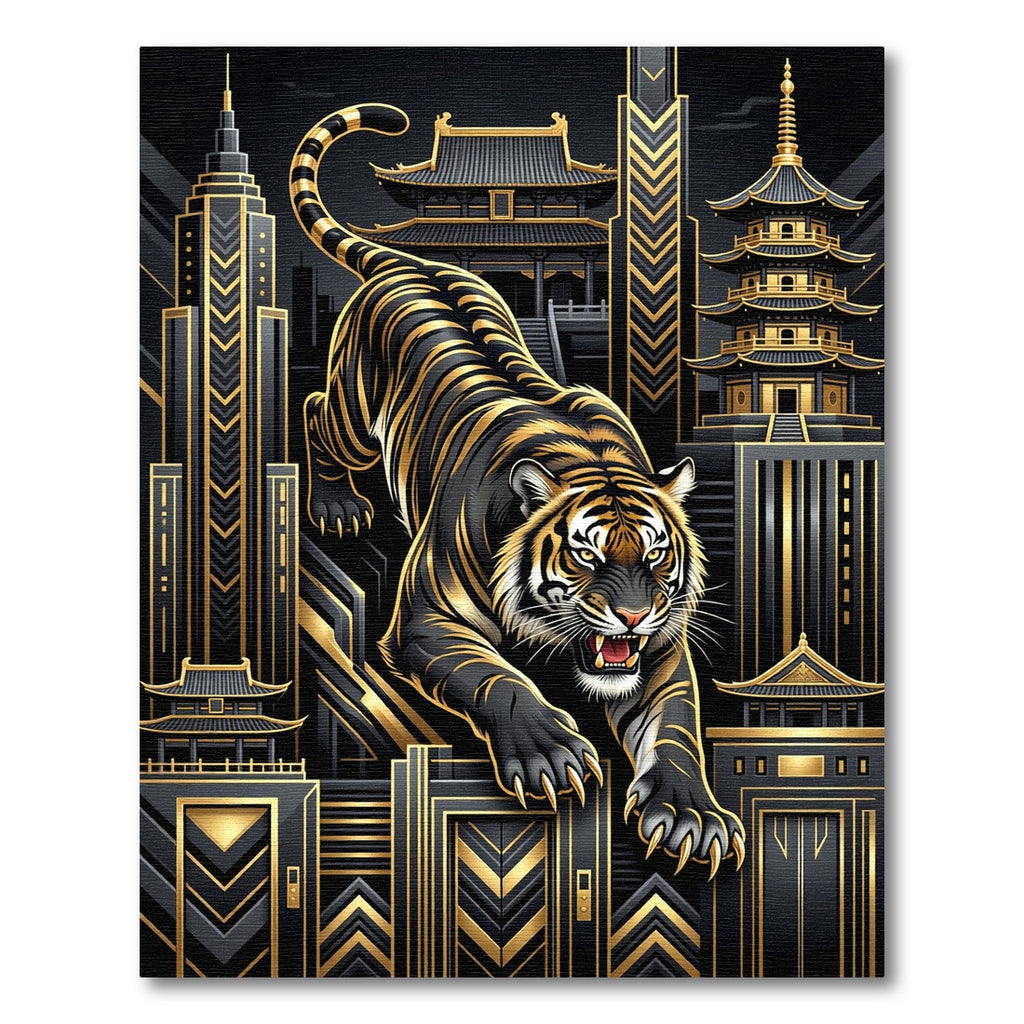 Bold Black Gold Tiger Cityscape Rug