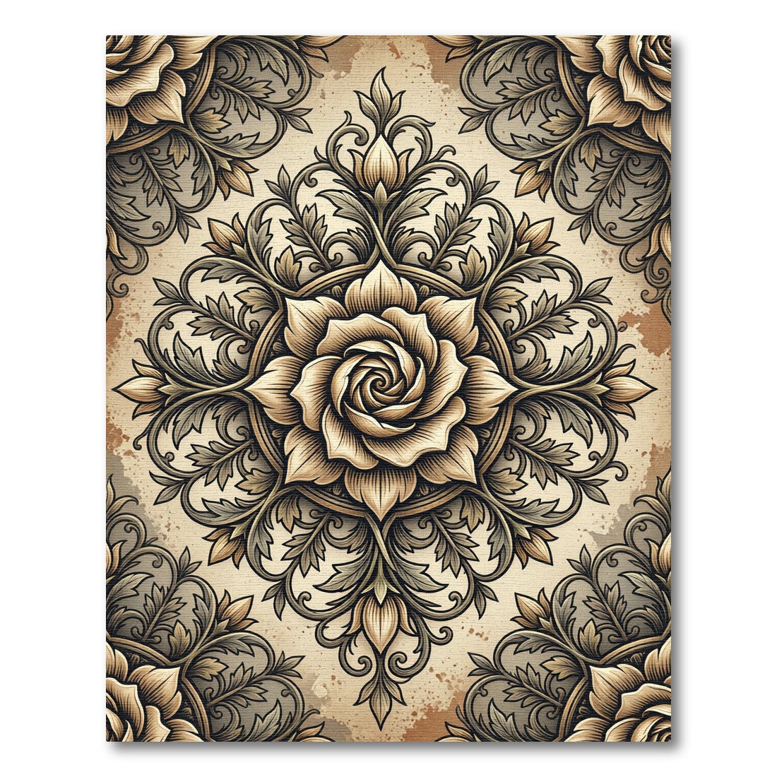 Vintage Beige Floral Rose Medallion Rug