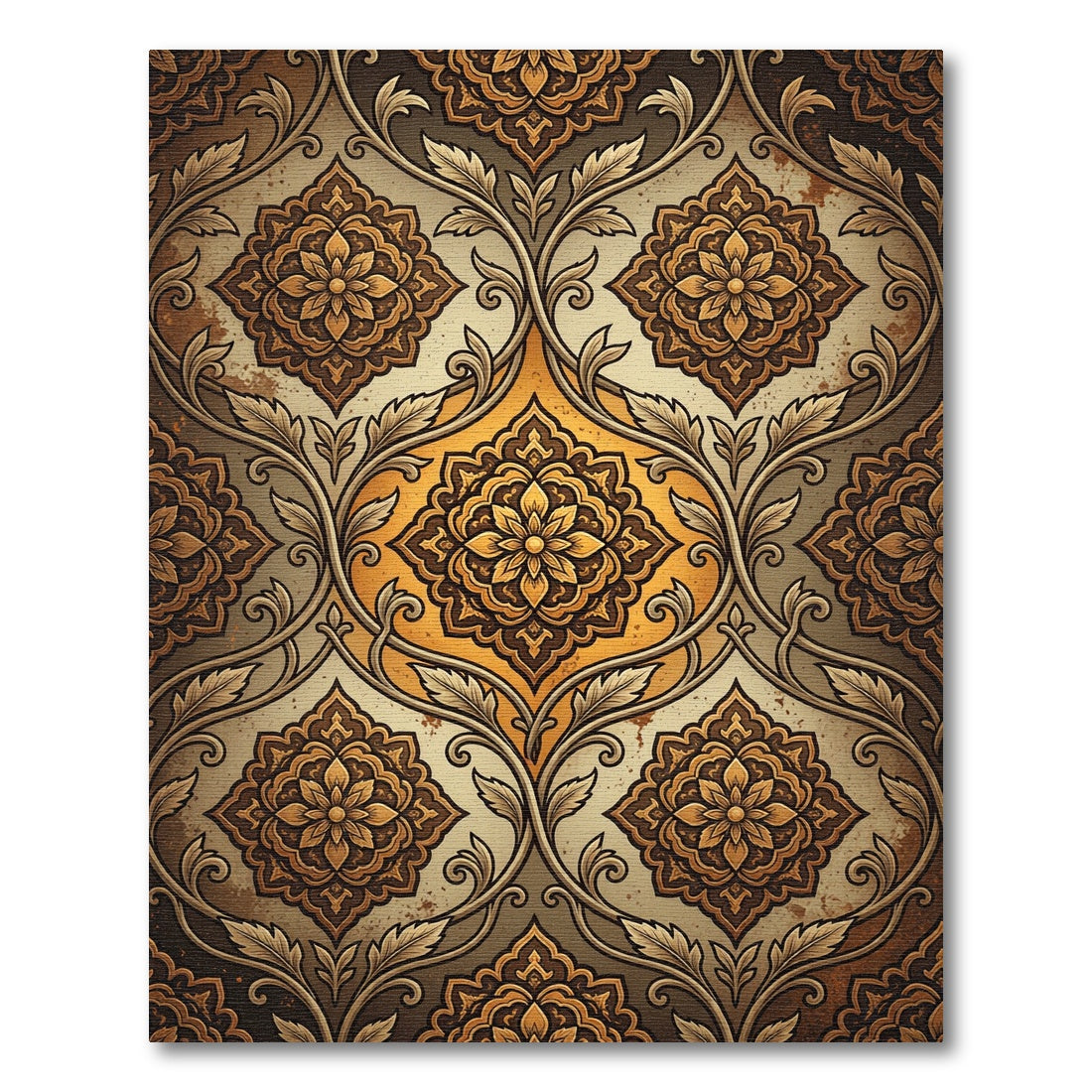 Golden Ochre Damask Floral Medallions Rug