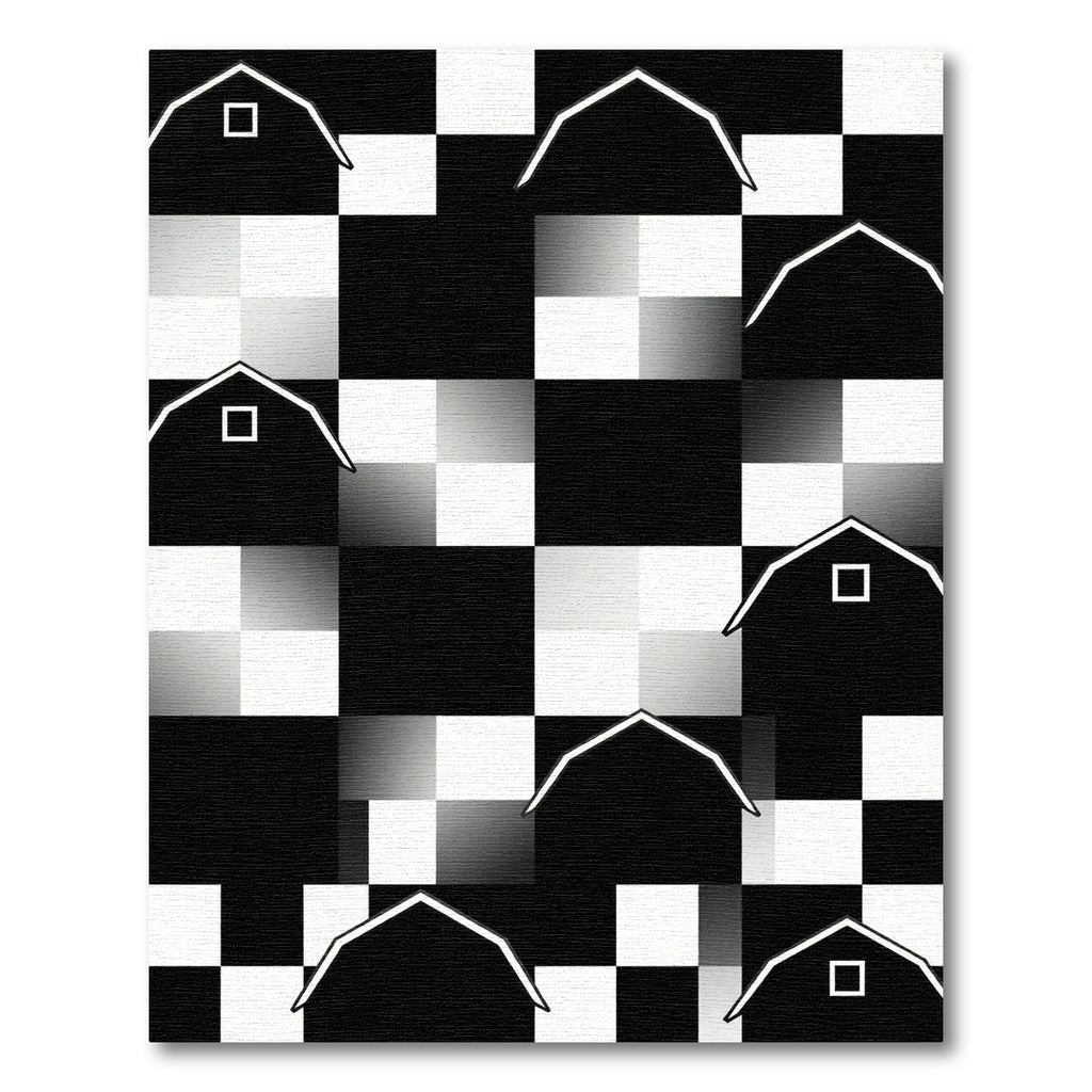 Monochromatic Graphic Barn Silhouette Checkered Area Rug