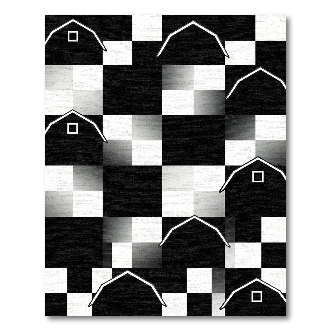 Monochromatic Graphic Barn Silhouette Checkered Area Rug