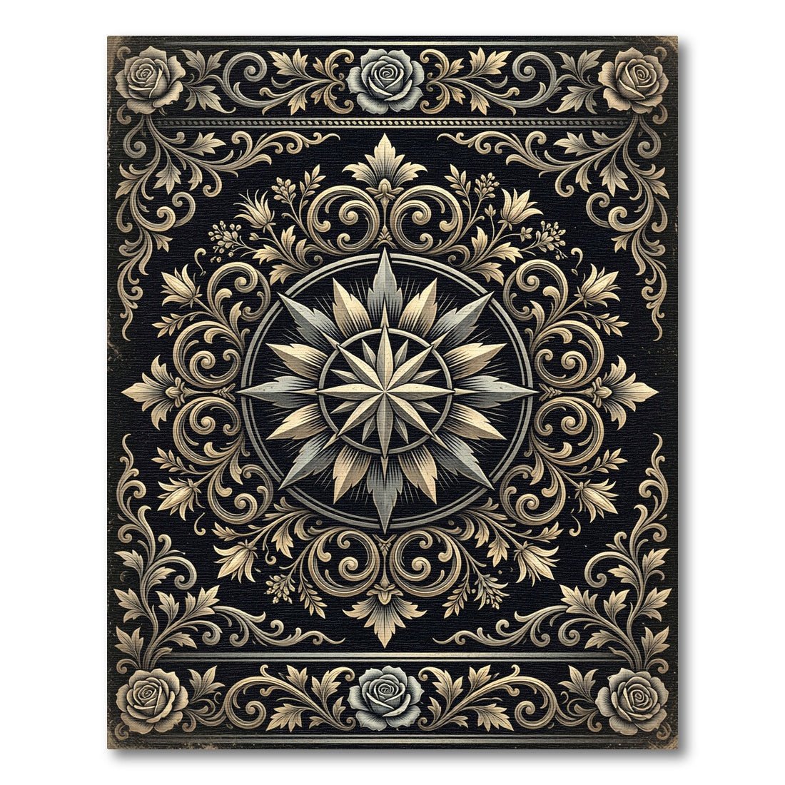 Elegant Gold Floral Compass Medallion Rug
