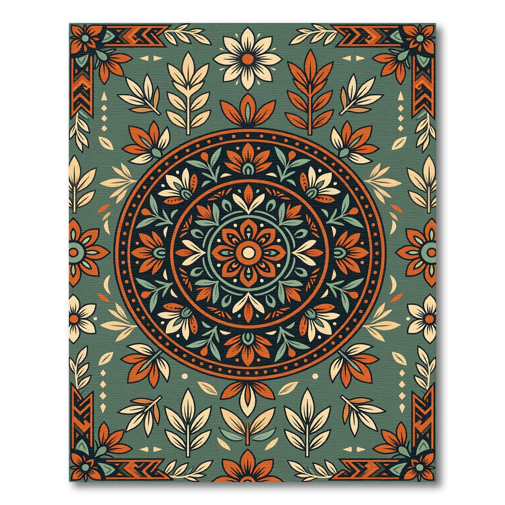 Earthy Sage Floral Medallion Boho Rug