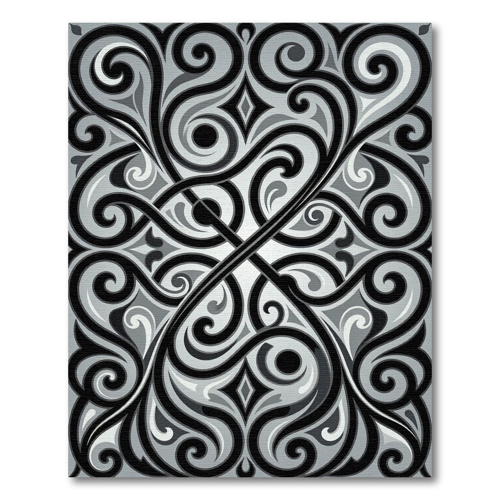 Elegant Monochrome Swirling Scroll Ornament Rug