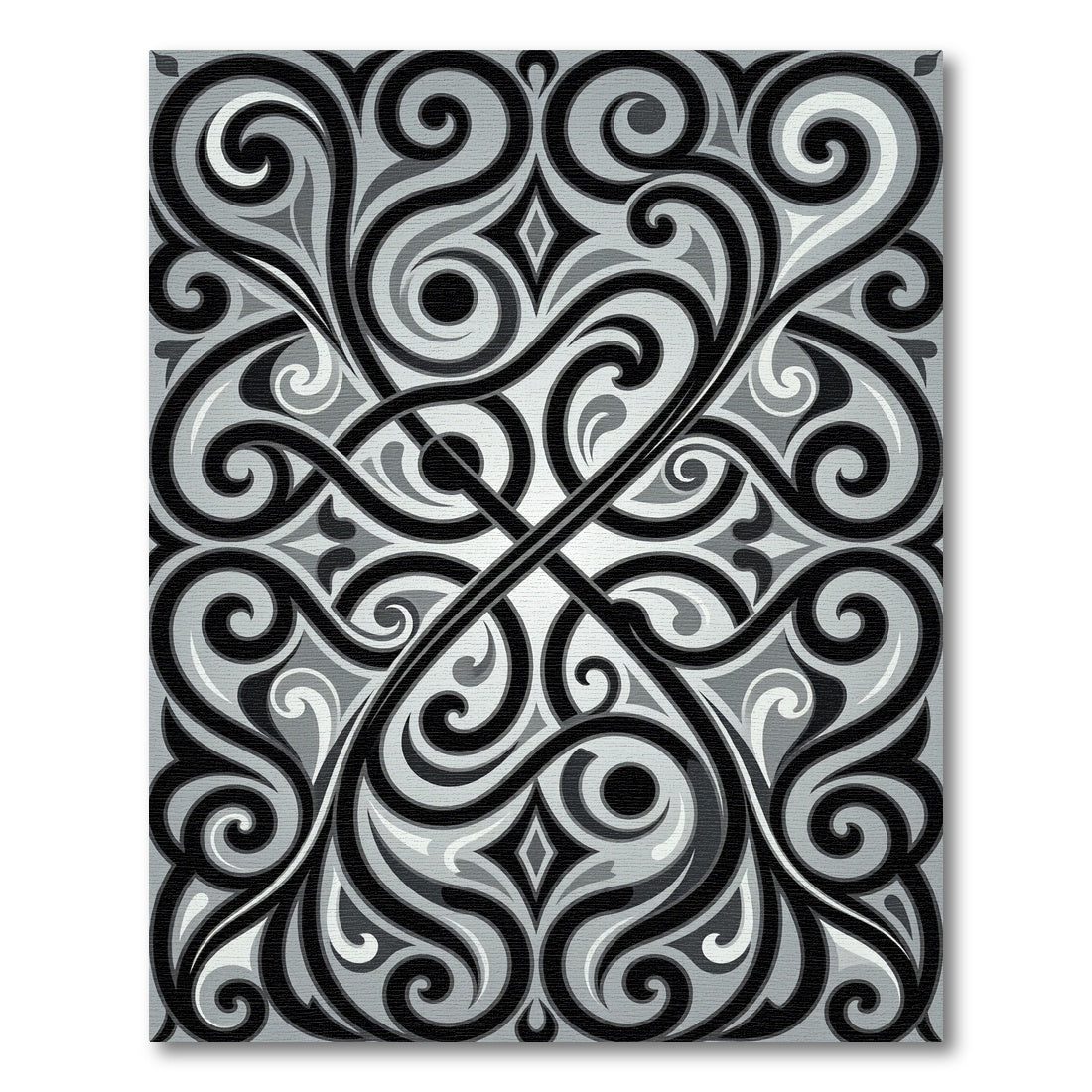 Elegant Monochrome Swirling Scroll Ornament Rug