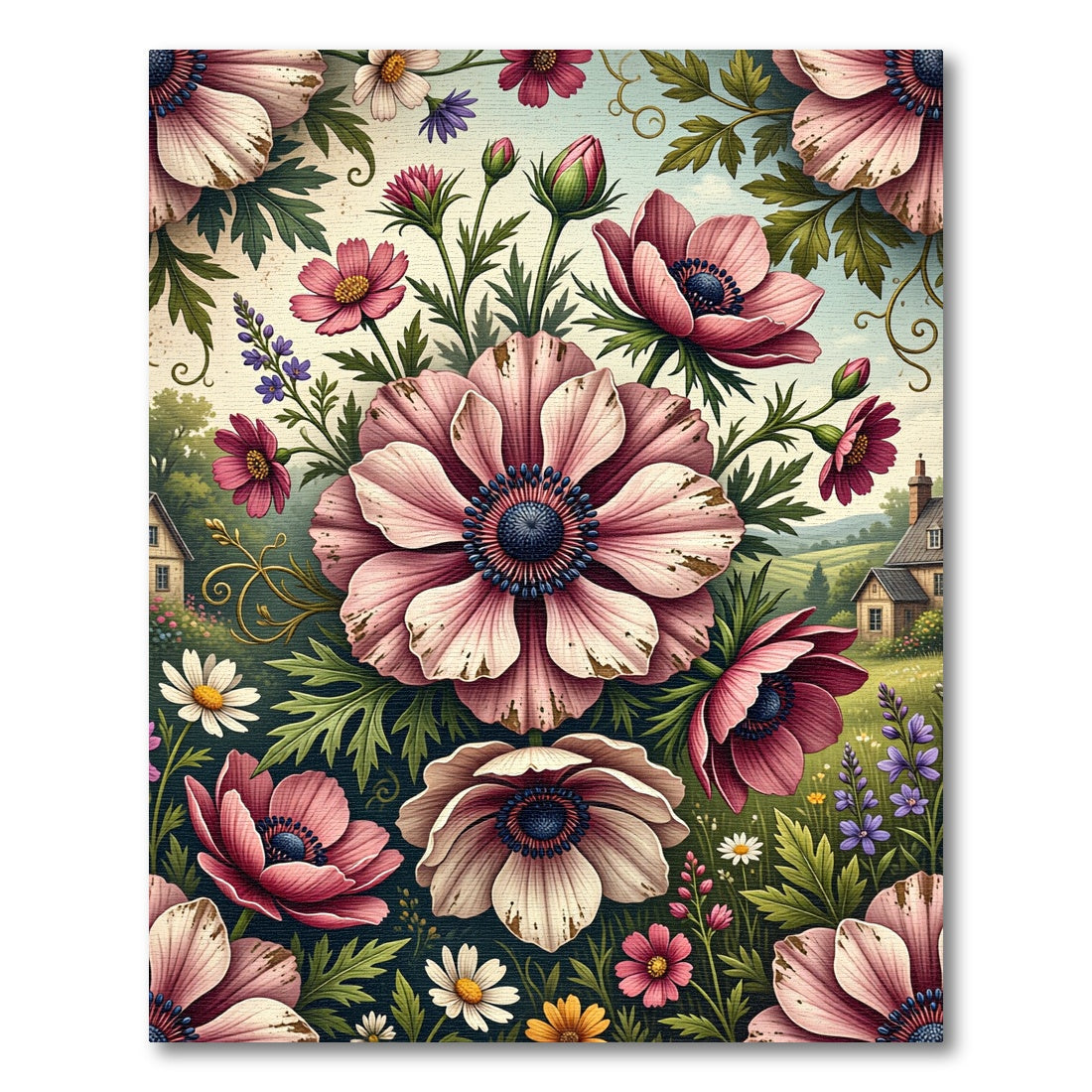 Vintage Blush Anemone Garden Floral Rug