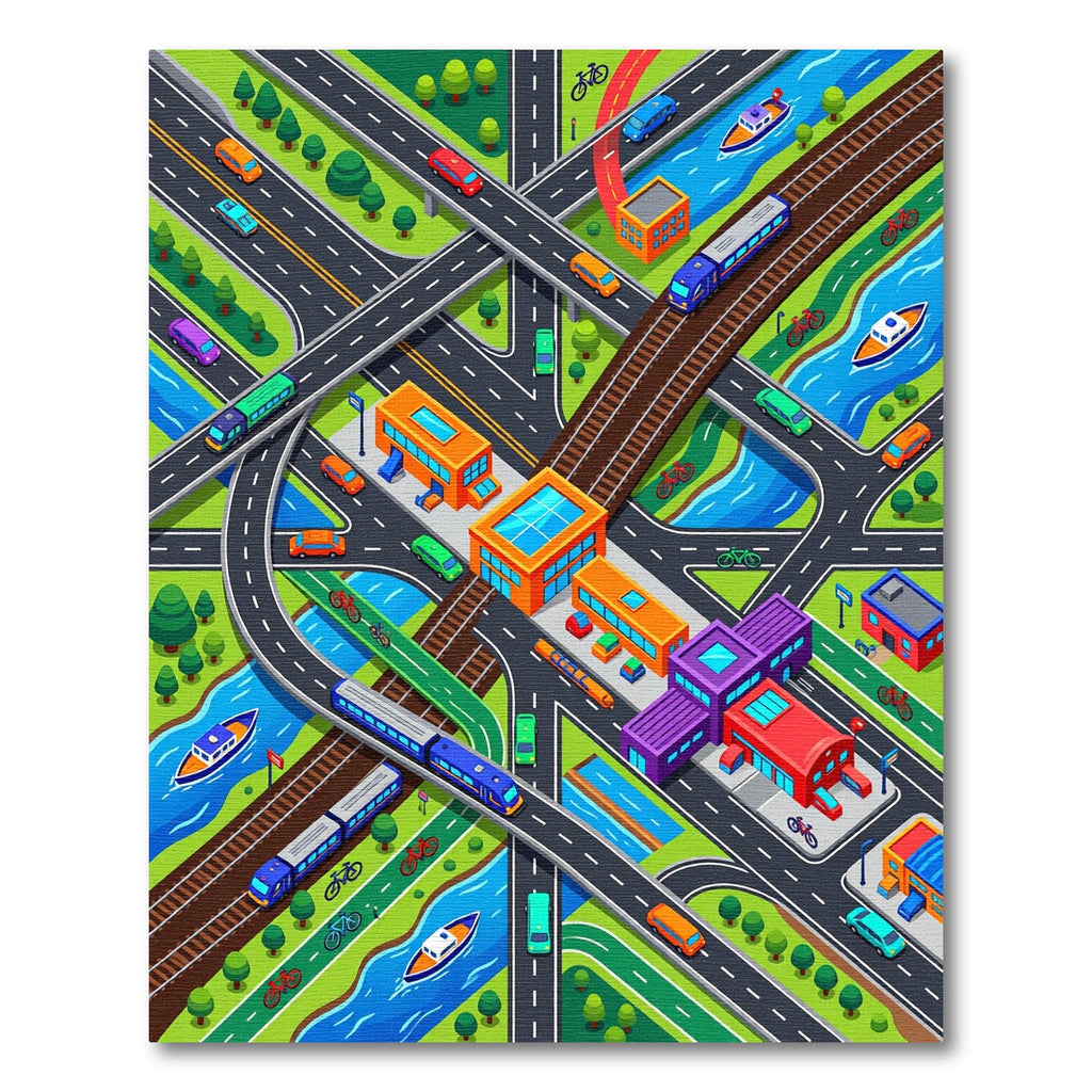 Vibrant Isometric City Transit Urban Map Rug