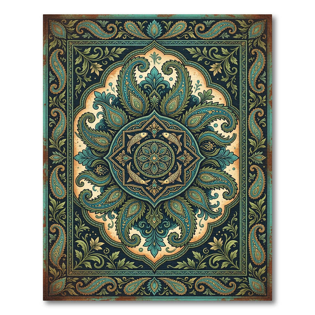 Teal Paisley Fish Medallion Ornate Art Rug