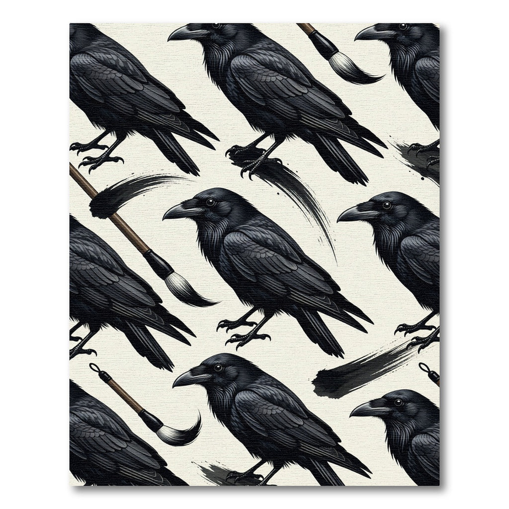 Dark Raven Ink Brush Bird Illustration Rug
