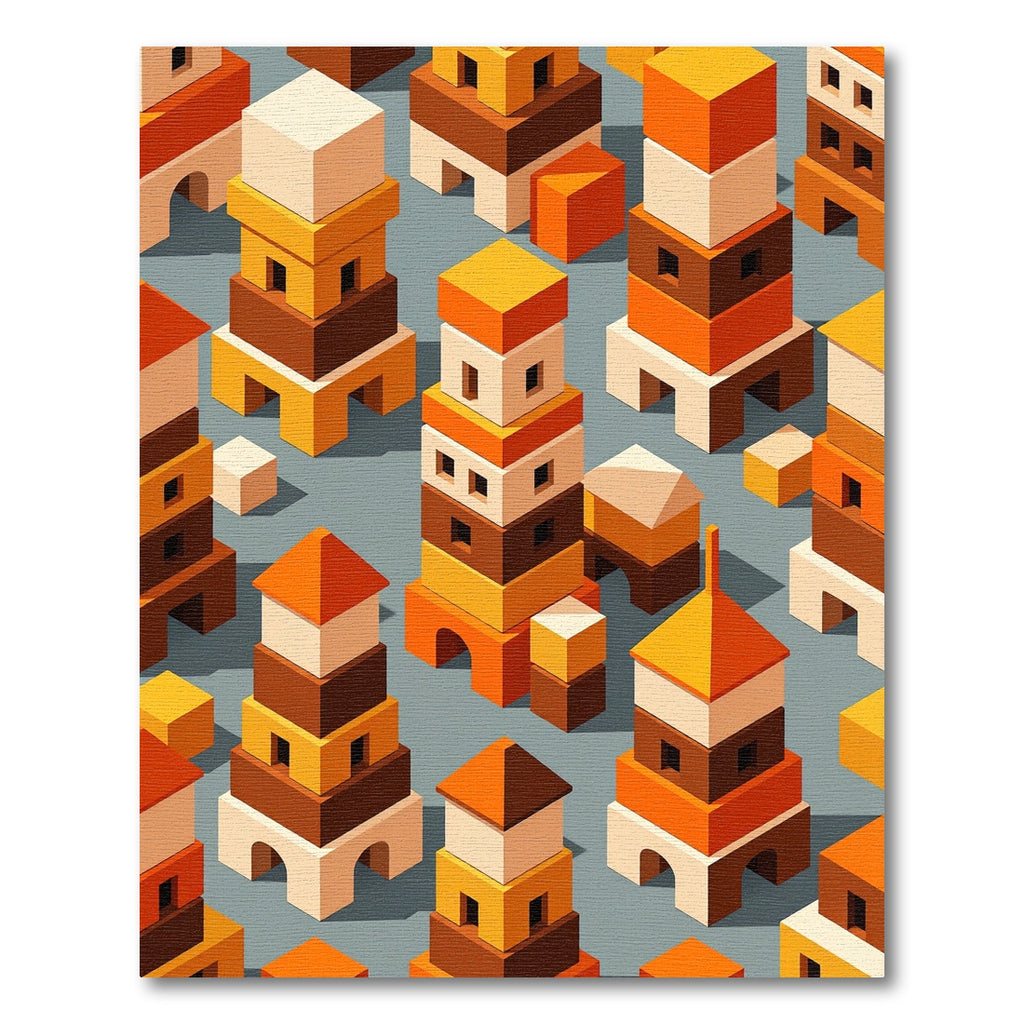 Geometric Ochre and Amber Block Towers Rug